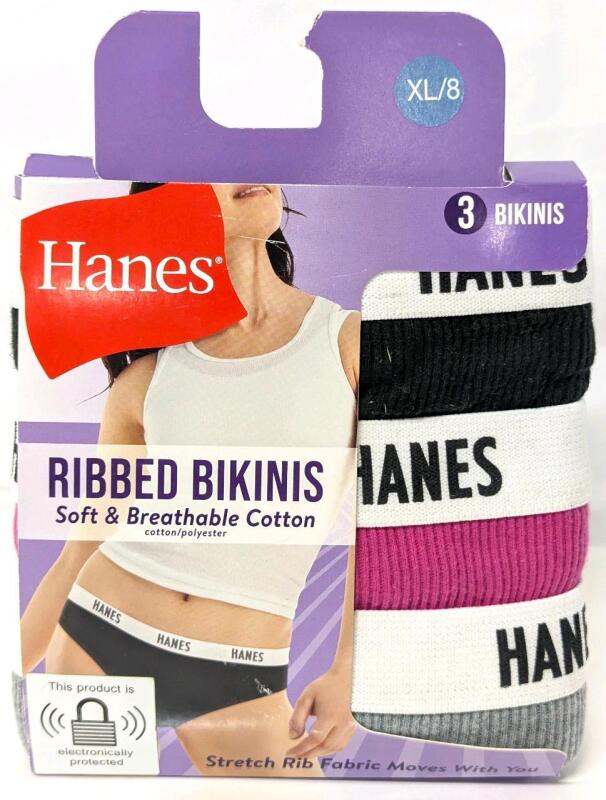 New Size XL (8) Women's HANES Ribbed Bikini Underwear, Soft & Breathable Cotton Blend