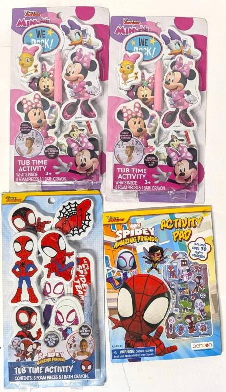 3 New TUB TIME Activity Sets : Disney Minnie Mouse & Spidey And His Amazing Friends+ Spidey Activity Pad With Over 30 Puffy Stickers