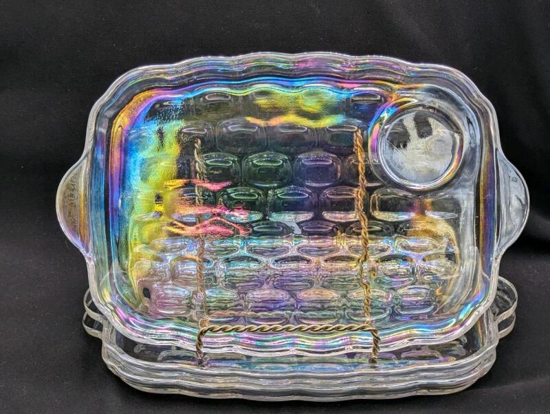 3 Neat Vintage Unsigned Federal Iridescent Carnival Glass Yorktown Snack Plates, 6" &times; 10.5", No Chips or Cracks