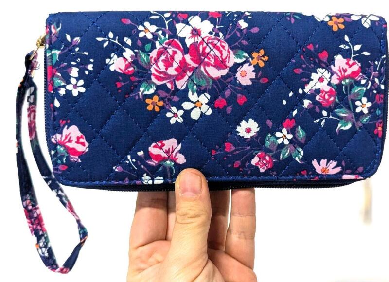 New Quilted Floral Ladies Clutch Wallet With Strap, Zippered Coin Section, 2 Spots For Cash + , 7.5" &times; 4"