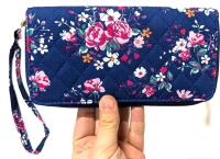 New Quilted Floral Ladies Clutch Wallet With Strap, Zippered Coin Section, 2 Spots For Cash + , 7.5" &times; 4"
