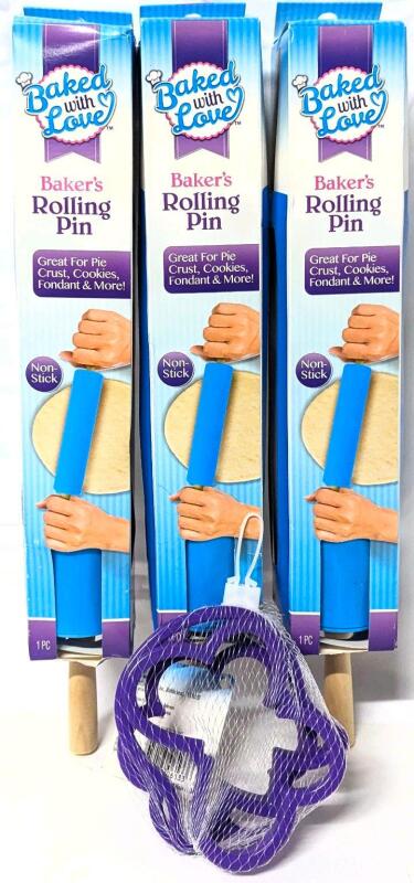 3 New Non-Stick Baker's Rolling Pins 14.5" Long & 3-Pack Spring Cookie Cutters Up To 4" Across