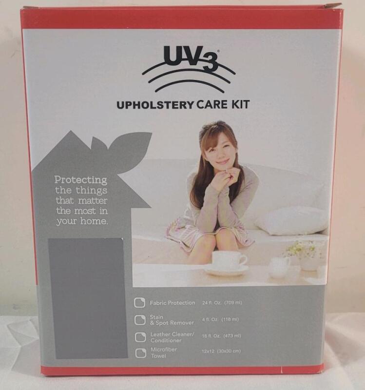 New - UV3 Upholstery Care Kit . Includes : Fabric Protection , Stain & Spot Remover , Leather Cleaner / Conditioner , Microfiber Towel .