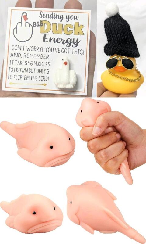 3 New Novelty Toy / Gifts: Weird Blobfish Squeezy Squishy Stress Toy, Big Duck Energy & Blinging Squeaky Rubber Duck With Toque, 1" - 4.5" Long
