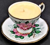 New HANDMADE CURIOSITIES Basic B!tch 140g Soy Wax Candle "What's The Tea" ( Earl Grey Tea Bergamot Scent ) in Vintage Queen Anne Camillia Pattern Tea Cup With Saucer & Gift Box