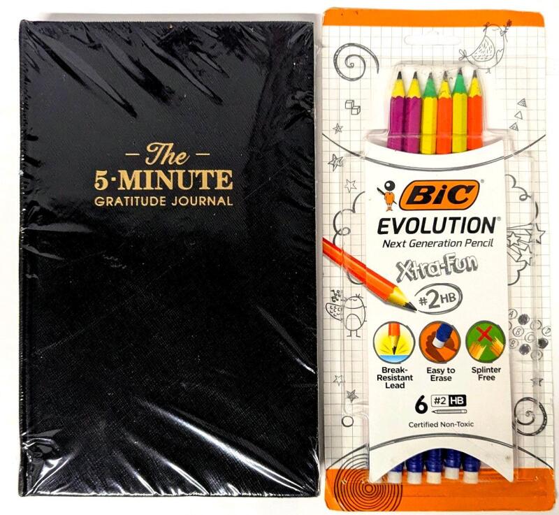 New Hardcover " The 5-Minute Gratitude Journal " & BIC Evolution #2HB Xtra-Fun Next Generation Pencil 6-Pack