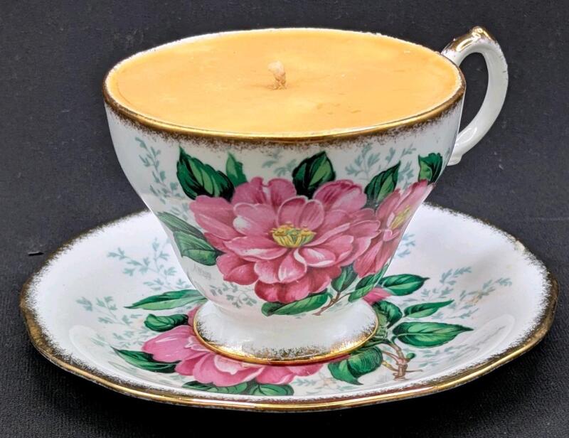 New HANDMADE CURIOSITIES Basic B!tch 140g Soy Wax Candle "What's The Tea" ( Earl Grey Tea Bergamot Scent ) in Vintage Queen Anne Camillia Pattern Tea Cup With Saucer & Gift Box