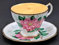 New HANDMADE CURIOSITIES Basic B!tch 140g Soy Wax Candle "What's The Tea" ( Earl Grey Tea Bergamot Scent ) in Vintage Queen Anne Camillia Pattern Tea Cup With Saucer & Gift Box