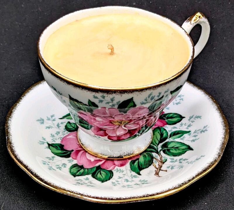 New HANDMADE CURIOSITIES Basic B!tch 140g Soy Wax Candle "What's The Tea" ( Earl Grey Tea Bergamot Scent ) in Vintage Queen Anne Camillia Pattern Tea Cup With Saucer & Gift Box
