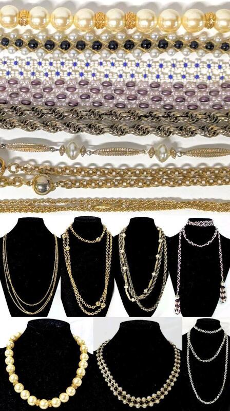 7 Vintage Necklaces Incl Hand Beaded Drape Scarf Necklace & Daisy Loop, Multi-Chain, Faux Pearl Lattice + Up To 56" Long