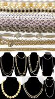 7 Vintage Necklaces Incl Hand Beaded Drape Scarf Necklace & Daisy Loop, Multi-Chain, Faux Pearl Lattice + Up To 56" Long