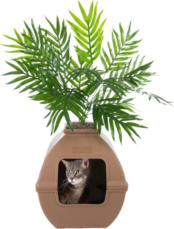 New Good Pet Stuff Hidden Cat Litter Box Enclosure with Artificial Plant, Decorative Square Courtyard Planter, Charcoal Filter Odor Control, Easy-to-Clean, Made in USA, Base Kit, Brown
