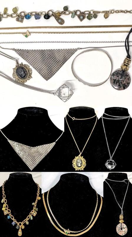 8 Vintage to Modern Necklaces & Signed Geometric Bangle: Incl Possible Sterling Bib Necklace Stamped Hong Kong (Non-Magnetic, Takes Polish), Crinoid Stone Donut Necklace on Cord + More- Up To 40" Long