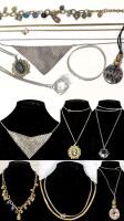 8 Vintage to Modern Necklaces & Signed Geometric Bangle: Incl Possible Sterling Bib Necklace Stamped Hong Kong (Non-Magnetic, Takes Polish), Crinoid Stone Donut Necklace on Cord + More- Up To 40" Long