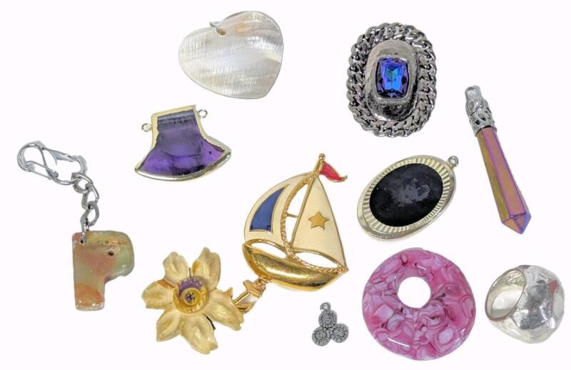 Vintage to Modern Jewelry: Cow Bone Daffodil Brooch, West Germany Pendant, Size 7 Chunky Ring, Tiny $$$ Charm, Shell Heart Pendant, Polished Presumed Jasper "P" Keychain + Up To 2.5" Long