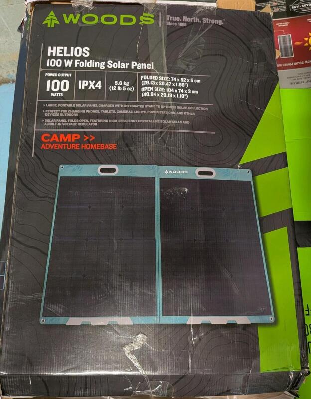 As New Woods&trade; Helios 100W Large Solar Panel. Retails for $550. See photos for dimensions.