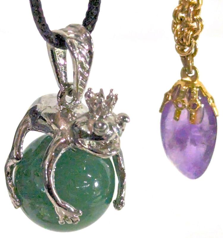 Adorable Muppet-Y Frog Prince Clutching Polished Bauble Pendant on 18" Cord & Presumed Polished Amethyst on 28" Long Chain