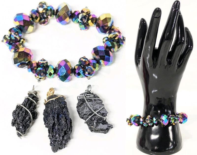 Gorgeous Mystic Rainbow Prismatic Faceted Glass Bead Expansion Bracelet & 3 Presumed Black Kyanite / Silicate Natural Stone Wire-Wrapped Pendants Up To 2" Long