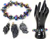 Gorgeous Mystic Rainbow Prismatic Faceted Glass Bead Expansion Bracelet & 3 Presumed Black Kyanite / Silicate Natural Stone Wire-Wrapped Pendants Up To 2" Long