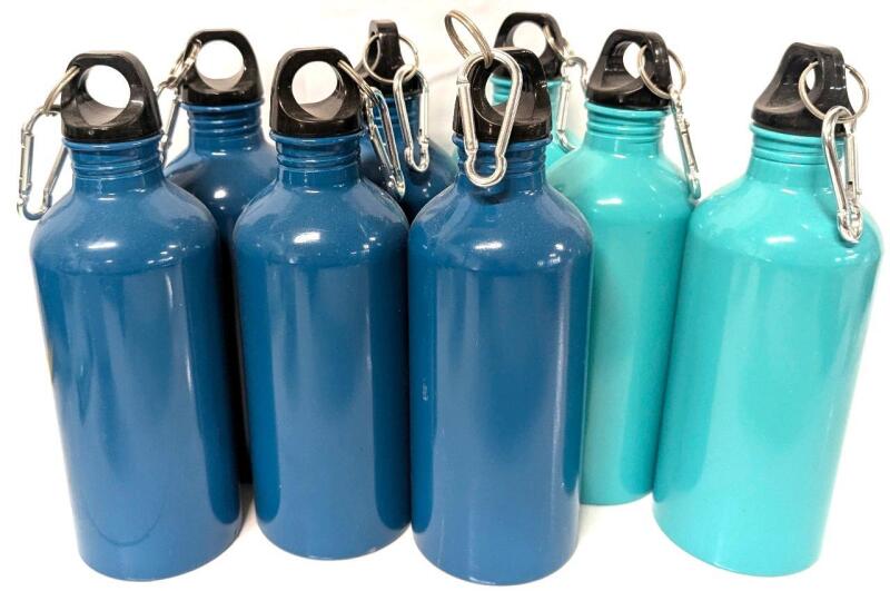 8 New Metal Water Bottles With Carabineer Clips, 8.75" Tall Each