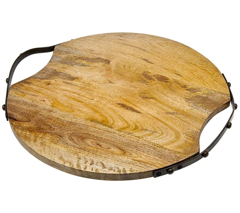 New GODINGER GATHERINGS Round Wood Handled Serving Tray # 12602, 13.5" &times; 13.5"