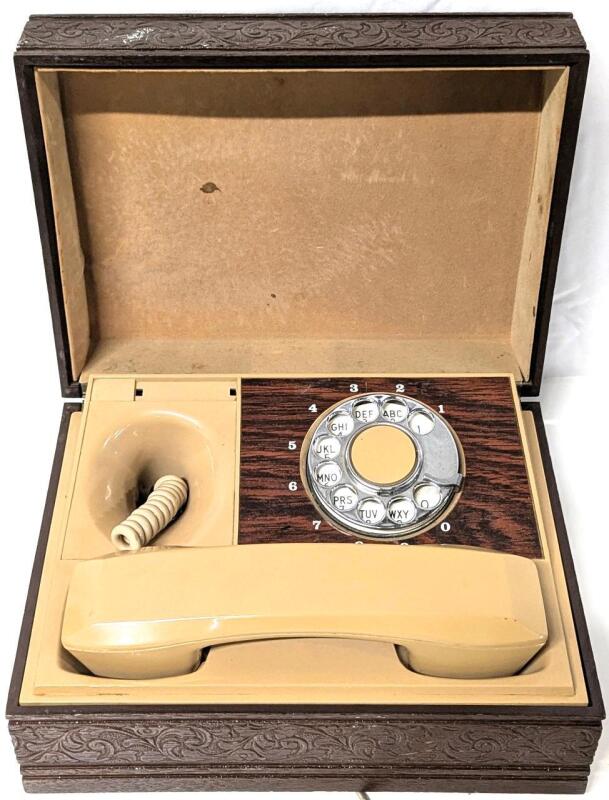 MCM Vintage Northern Telecom Hideaway Rotary Home Telephone In Ornate Wooden Box. Unable To Test, 5" Tall