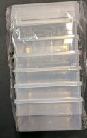 6 New Plastic storage containers. 4.5" by 6.5" by 3"
