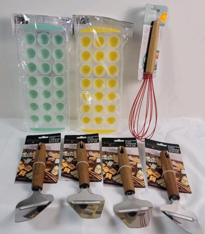 New - Home Kitchen Accessories . Two (2) Ice Cube Molds , Heat Resistant Silicone Whisk & 4 Cheese Slicers