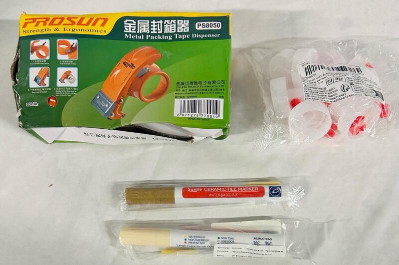 Assorted Home Goods, Includes Prosun Metal Packing Tape Dispenser, 2 Ceramic Tile Markers, and 10 Squeeze Bottle Spouts with Tip Covers