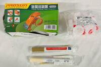 Assorted Home Goods, Includes Prosun Metal Packing Tape Dispenser, 2 Ceramic Tile Markers, and 10 Squeeze Bottle Spouts with Tip Covers