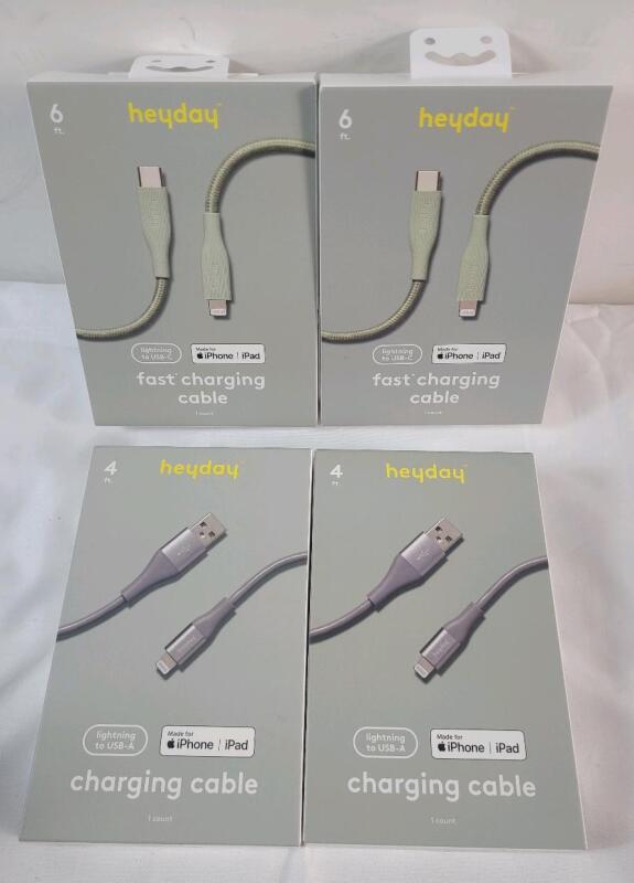Four (4) New Heyday Lightning to USB-A Charging Cables for iPhone & iPad Devices . Two 6ft Cables & Two 4ft. Cables .