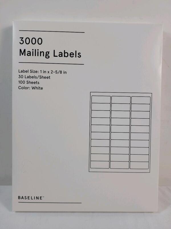 New , Sealed - Baseline White Mailing Labels . 100 Sheets , 30 Labels Per Sheet . Measures 1"&times;2 ⅝" each - 3000 Labels Total