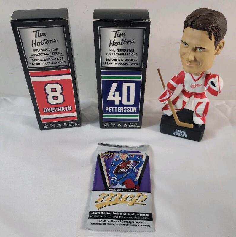 NHL Hockey Memorabilia Lot . 2025-26 UD MVP Sealed Trading Card Wax Pack , 2 Tim Hortons NHL Superstars Mini Sticks (Ovechkin & Pettersson ) & Curtis Joseph Bobblehead .