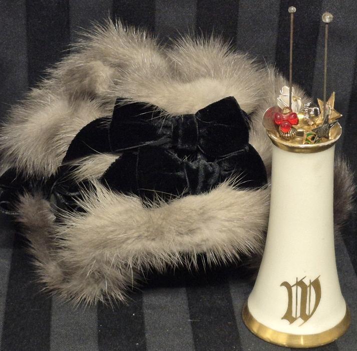 Vintage Hat with Hat Pins and Holder 5" Tall
