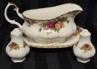 Vintage Royal Albert Old Country Roses Gravy Boat with Underplate and Salt & Pepper Shakers
