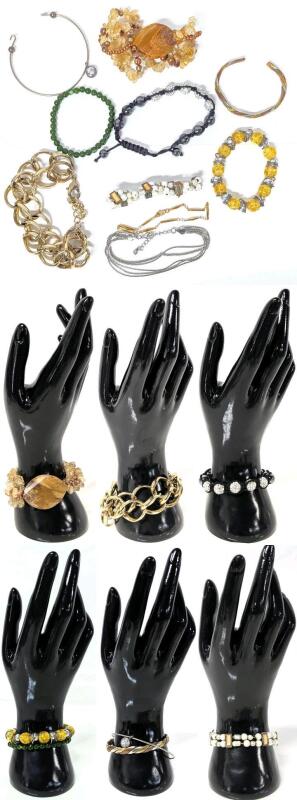 10 Vintage to Modern Bracelets: Chunky Presumed Citrine, Tricolor Metal Open Bangle, Double Chain Link, Neat Old Magnetic Faux Pearl Expansion +, Up To 10" Long