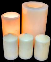 5 Pillar Candles: 2&times; Battery Powered & 3&times; Scented Vanilla, 5" - 10.25" Tall, Tested For Power, Requires 2&times; "C" & 3&times; AA Batteries (Not Included)