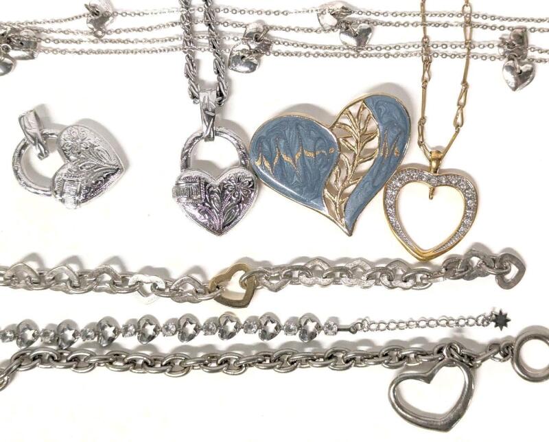 Vintage to Modern Heart Love Jewelry: Signed D'ORLEN & AEO Puffy Heart Necklaces + Extra Pendant, Rhinestone Heart Necklace, Enamel Heart Brooch + 3 Bracelets (1 Bracelet Missing Clasp) - 7.25" - 24" Long