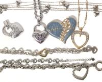 Vintage to Modern Heart Love Jewelry: Signed D'ORLEN & AEO Puffy Heart Necklaces + Extra Pendant, Rhinestone Heart Necklace, Enamel Heart Brooch + 3 Bracelets (1 Bracelet Missing Clasp) - 7.25" - 24" Long