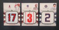 2022 Topps MLB Baseball Player Jersey Commemorative Medallion Trading Cards . Shohei Ohtani 17 # JNMSO , Bryce Harper 3 # JNM-BH & Alex Bregman 2 # JNM-AB .