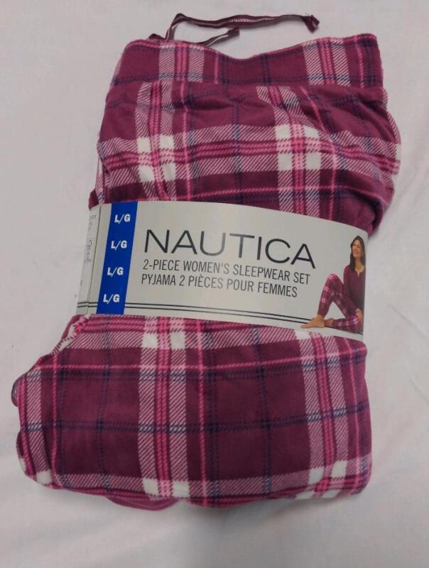 New Size L Nautica 2-piece women's silky fleece pajama set with a dark pink plaid pattern