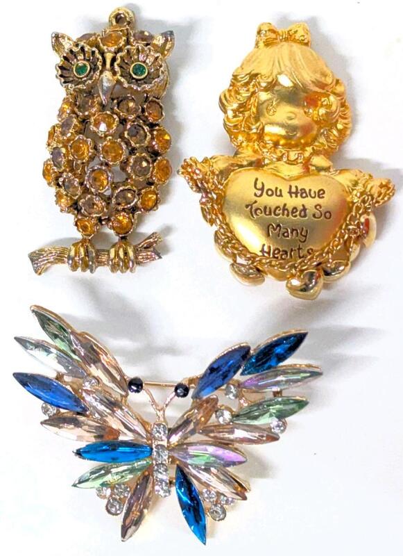2 Vintage to Modern Brooches Incl Signed Precious Moments "You Have Touched So Many Lives" & Rhinestone Owl Pendant, Up To 2" Long