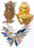 2 Vintage to Modern Brooches Incl Signed Precious Moments "You Have Touched So Many Lives" & Rhinestone Owl Pendant, Up To 2" Long