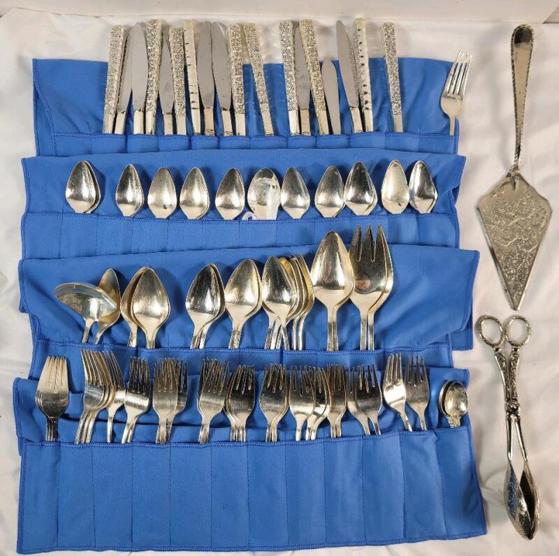 Vintage Rogers International 1847 Silverplate " Love aka Precious Flower " Flatware Set . 5 Pieces Each , 10 Sets plus Salad Tongs , Cake Knife , Butter Knife , Sugar Spoon & 4 Tiny Spoons .