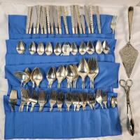 Vintage Rogers International 1847 Silverplate " Love aka Precious Flower " Flatware Set . 5 Pieces Each , 10 Sets plus Salad Tongs , Cake Knife , Butter Knife , Sugar Spoon & 4 Tiny Spoons .