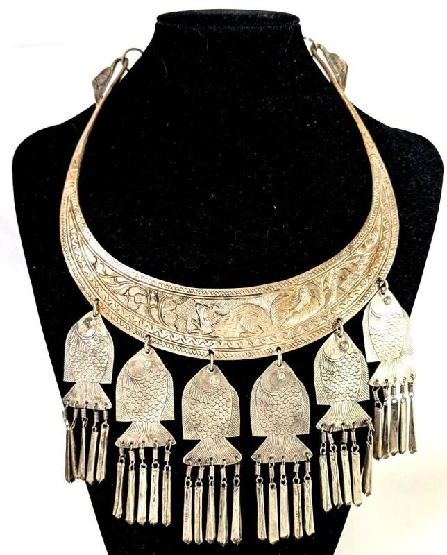 Stunning Vintage Hmong-Style Presumed Thai Tribal Silver Necklace Etched Bib Necklace With Etched Squirrel Detail & Fish, 6.25" Across At Widest Point , Non-Magnetic, No Stamps Found