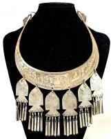 Stunning Vintage Hmong-Style Presumed Thai Tribal Silver Necklace Etched Bib Necklace With Etched Squirrel Detail & Fish, 6.25" Across At Widest Point , Non-Magnetic, No Stamps Found