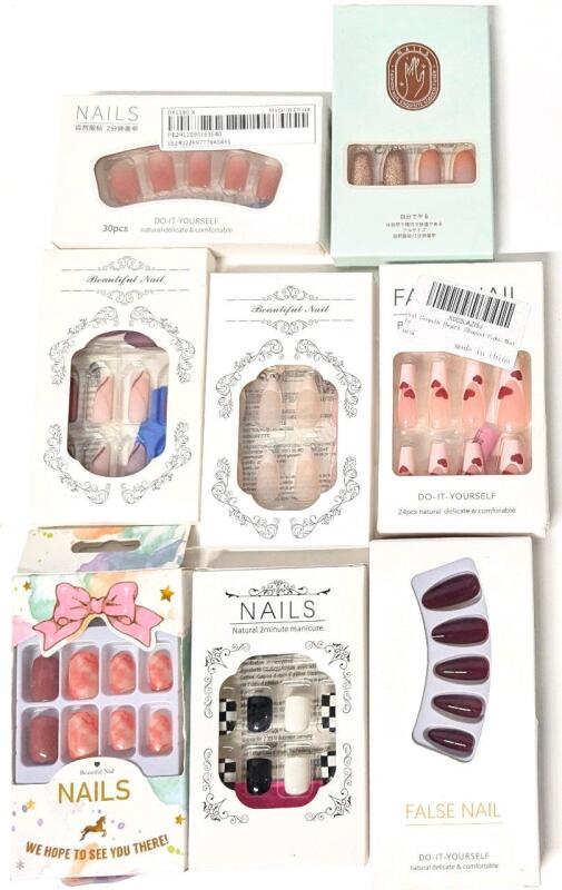 8 New Sets of False Nails: Pointed, Blunted, Rounded, French Tips, Glitter, Checkered, Hearts +