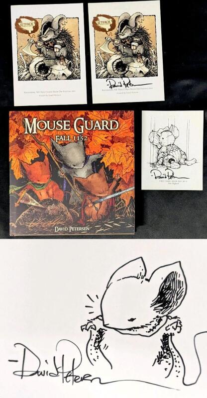 [Signed & Drawn By Author] MOUSE GUARD : Fall 1152 First Edition Hardcover Graphic Novel By David Peterson + 3&times; Promo Cards From Free Comic Book Day (2 Signed), Over $60 Retail Value