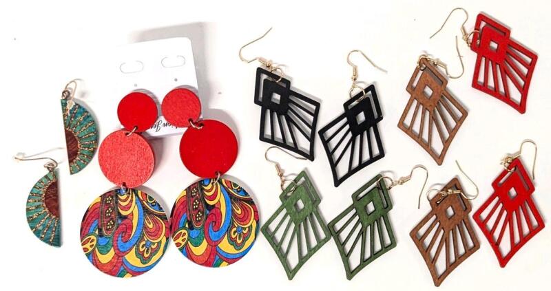 6 Pairs Fun & Funky Lightweight Wooden Earrings For Pierced Ears Up To 3.75" Long
